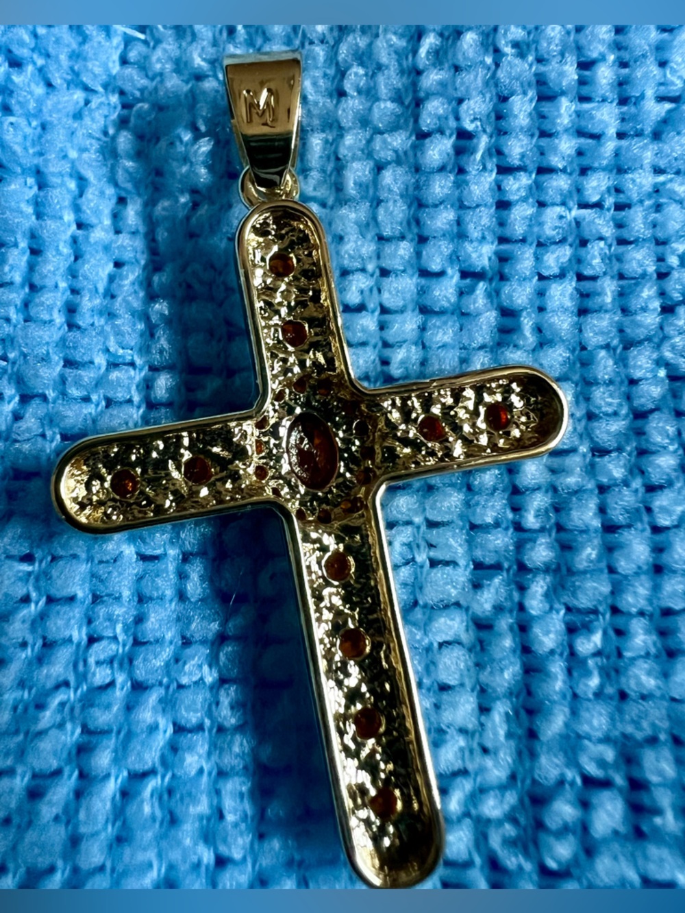 Gold Plated Cross Pendant with Orange Red Gemstones - Elegant Women's Jewelry - Picture 2 of 5